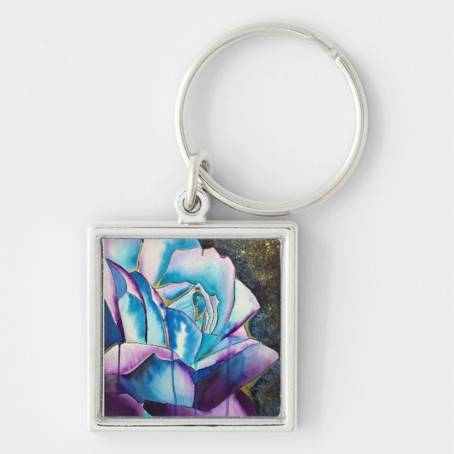 Blue purple gothic watercolor rose art keychain (Front)