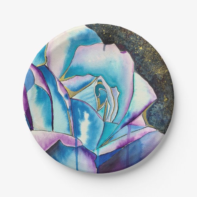 Blue purple gothic watercolor rose art paper plates (Front)