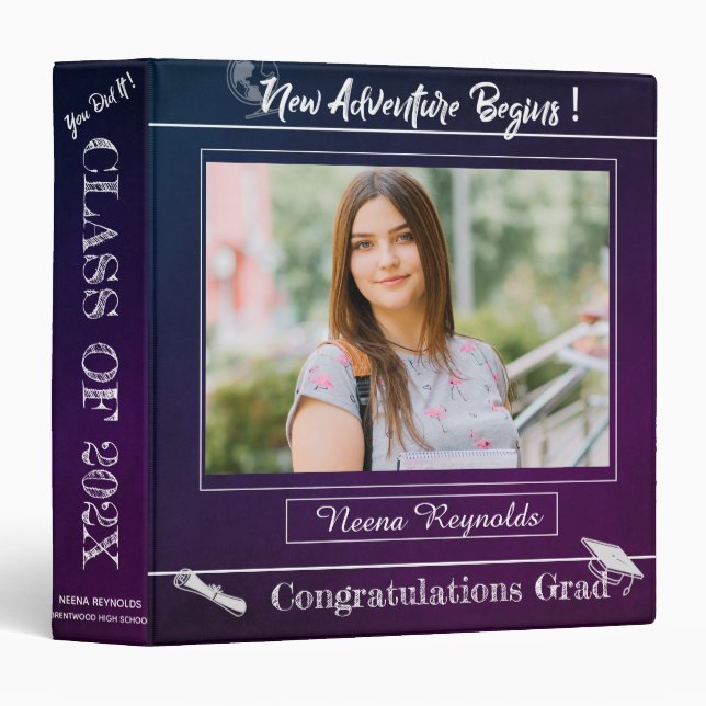 Blue Purple Graduation Memories  Photo scrapbook 3 Ring Binder (Front/Spine)