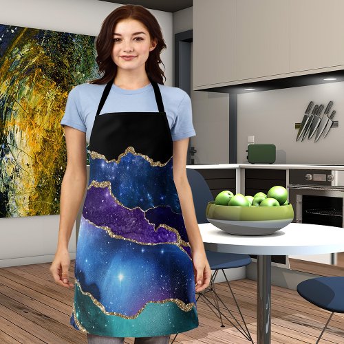 Blue Purple Green and Gold Galaxy Sky Agate Apron