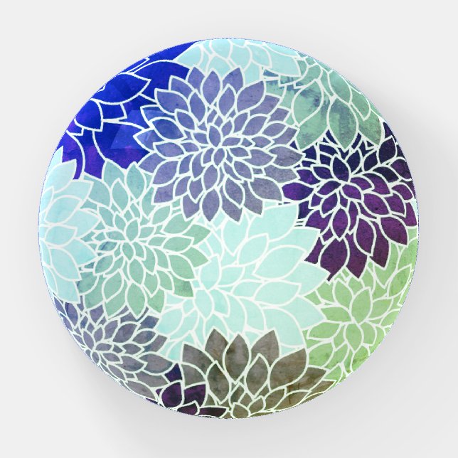 Blue Purple Green Dahlia Flowers Pattern Paperweight (Front)