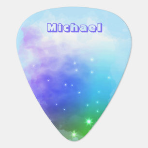 Blue, Purple Green Monogrammed Starry Skies Galaxy Guitar Pick