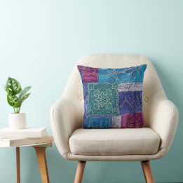 Blue Purple Green Patchwork Reversible Boho Throw Pillow