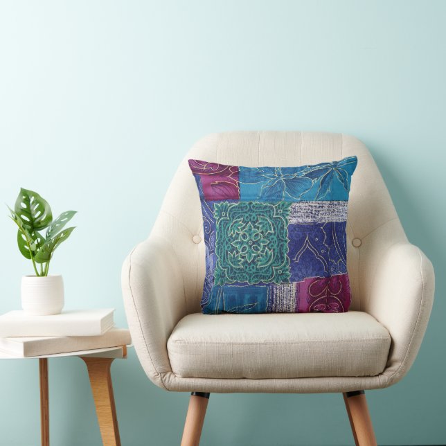 Blue Purple Green Patchwork Reversible Boho Throw Pillow (Chair)