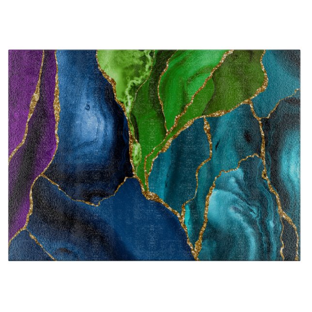 Blue, Purple & Green Peacock Agate Faux glitter Cutting Board (Front)