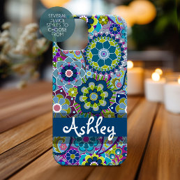 Blue Purple Green Retro Floral Pattern with Name iPhone 15 Case