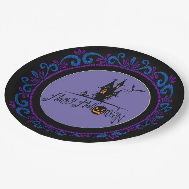 Blue Purple Happy Halloween Haunted House Paper Plates (Angled)