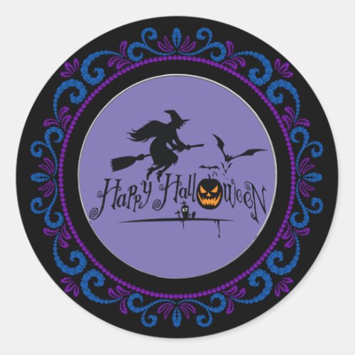 Blue Purple Happy Halloween Witch And Bats Classic Round Sticker