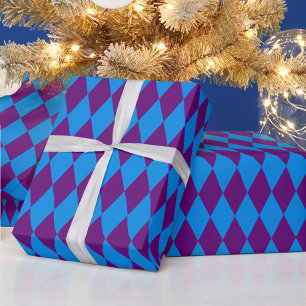 Blue Purple Harlequin Checkered Design Wrapping Paper