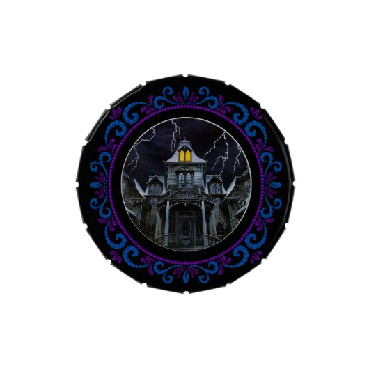 Blue Purple Haunted House Halloween Candy Tin (Top)