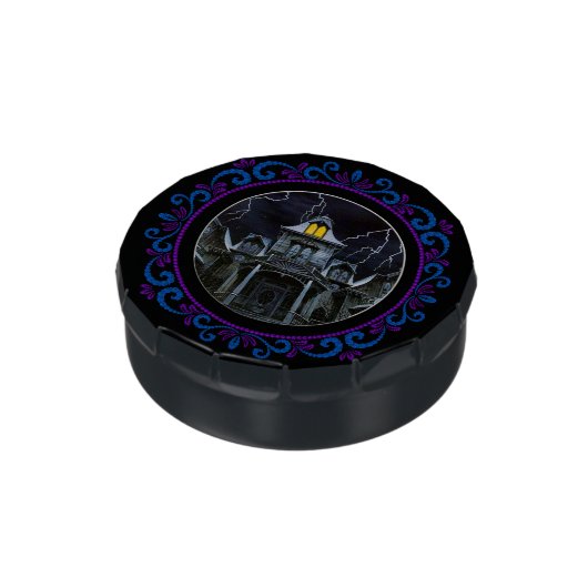 Blue Purple Haunted House Halloween Candy Tin (Side)
