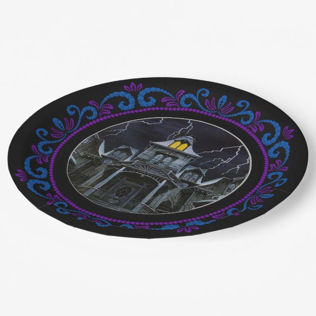 Blue Purple Haunted House Halloween Paper Plates (Angled)