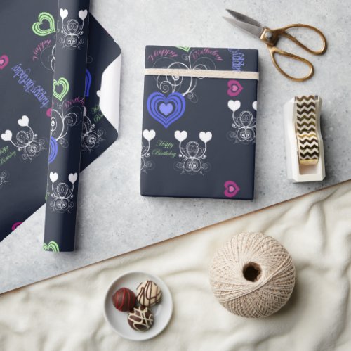 Blue Purple Hearts and Floral Birthday Wrapping Paper