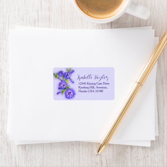 Blue purple hibiscus flower wedding reply label (Insitu)