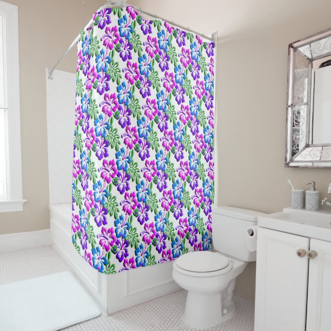 Blue Purple Hibiscus Motif Shower Curtain (In Situ)