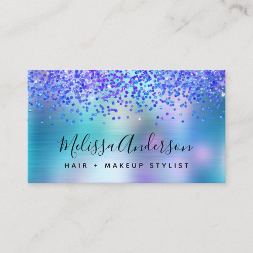 Blue Purple Holographic Glitter Calligraphy  Business Card