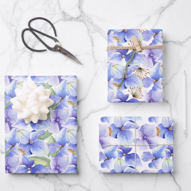 Blue Purple Hydrangea Flowers Spring Bridal Shower Wrapping Paper Sheets (Front)