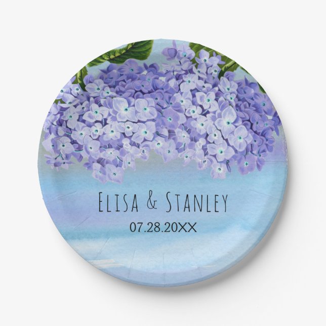 Blue purple hydrangea flowers wedding paper plates (Front)