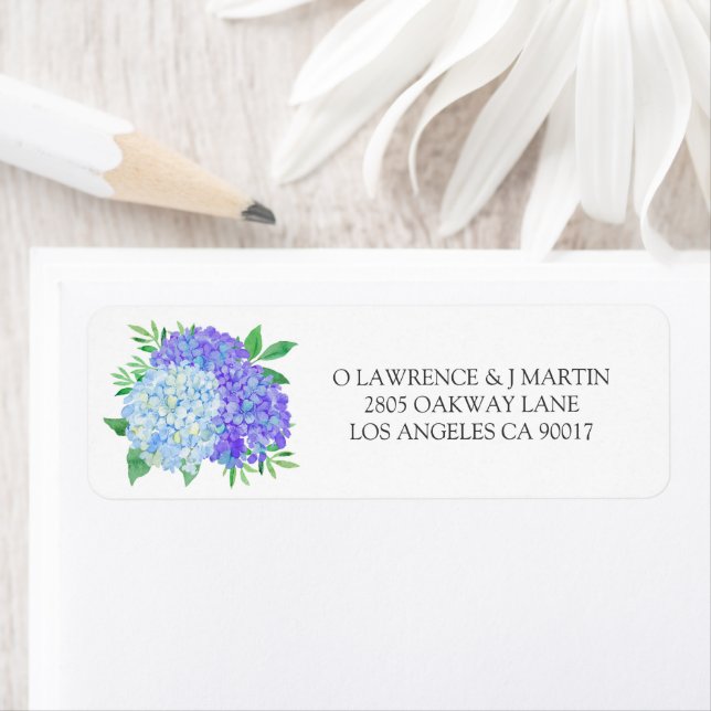 Blue Purple Hydrangea Leaves Floral Wedding Label (Insitu)