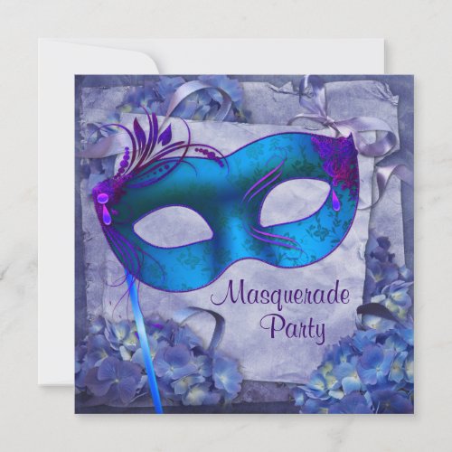 Blue Purple Hydrangea Masquerade Party Invitations