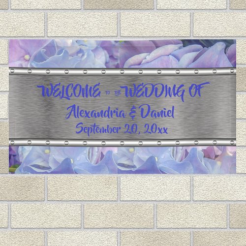 Blue Purple Hydrangea Silver Metal Welcom Banner