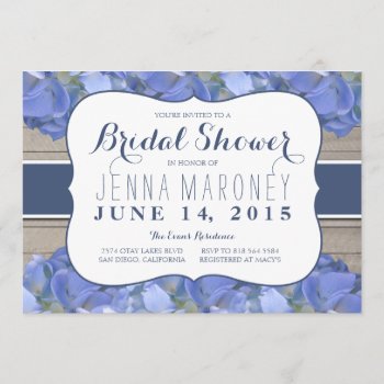 Blue Purple Hydrangea Wood Bridal Shower Invitation by GreenLeafDesigns at Zazzle