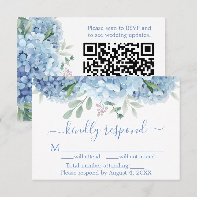 Blue Purple Hydrangeas Floral Wedding RSVP QR Code Thank You Card (Front/Back)