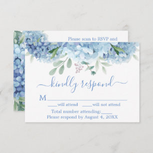 Blue Purple Hydrangeas Floral Wedding RSVP QR Code Thank You Card