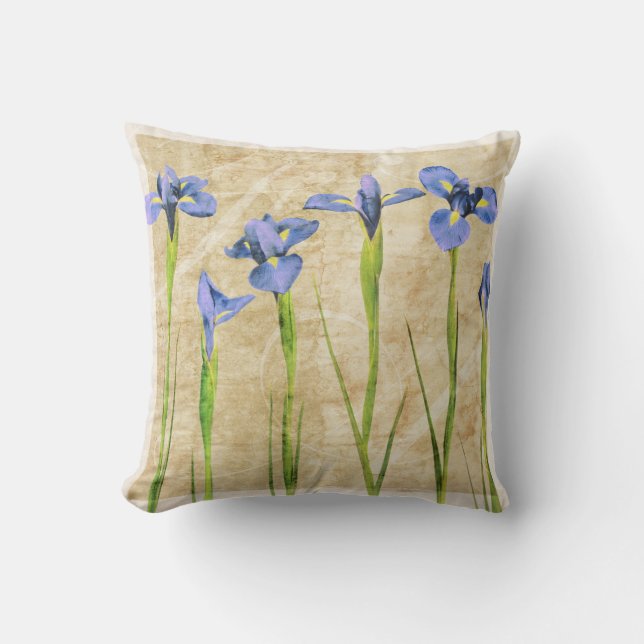 Blue Purple Iris Flowers Brown Background Floral Throw Pillow (Front)