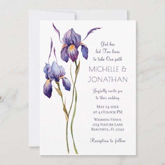 Blue Purple Iris Modern Floral Christian Wedding Invitation (Front)