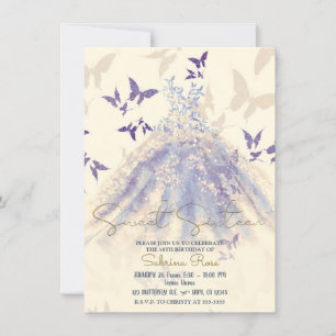 Blue Purple Ivory Butterfly Dance Dress Sweet 16 Invitation
