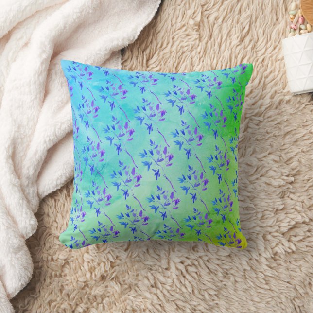 Blue Purple Leaves On Green Blue Custom  Throw Pillow (Blanket)