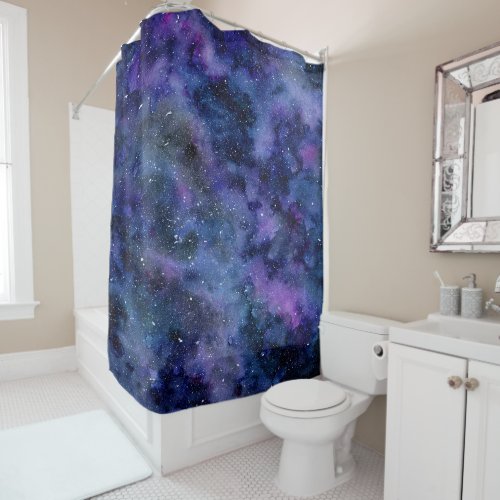 Blue Purple Majestic Starry Nebula Watercolor Shower Curtain