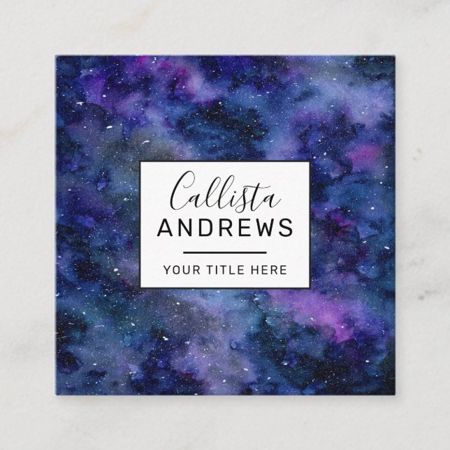 Blue Purple Majestic Starry Nebula Watercolor Square Business Card (Front)