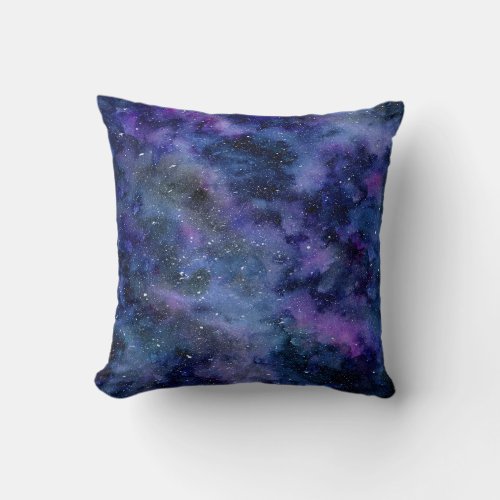 Blue Purple Majestic Starry Nebula Watercolor Throw Pillow