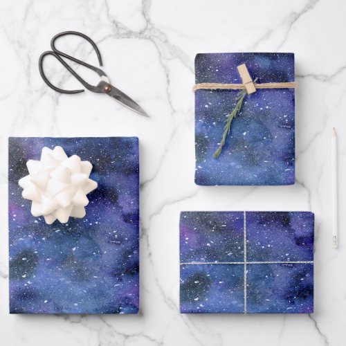 Blue Purple Majestic Starry Nebula Watercolor Wrapping Paper Sheets