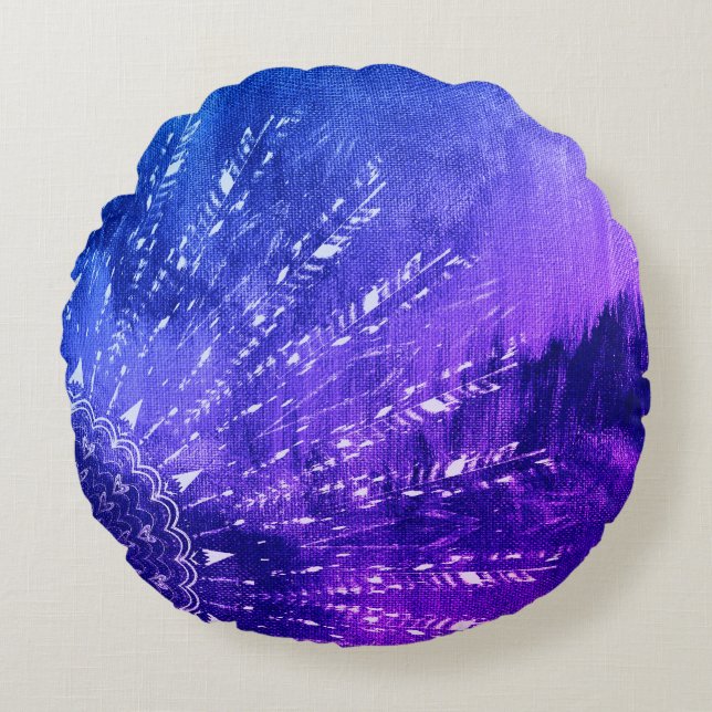 Blue Purple Mandala Clouds Boho Bohemian Throw Pil Round Pillow (Front)