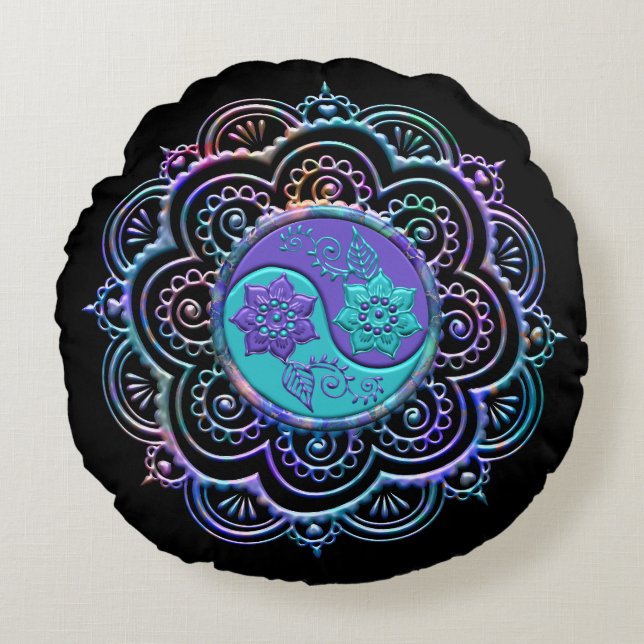 Blue & Purple Mandala Round Pillow (Front)