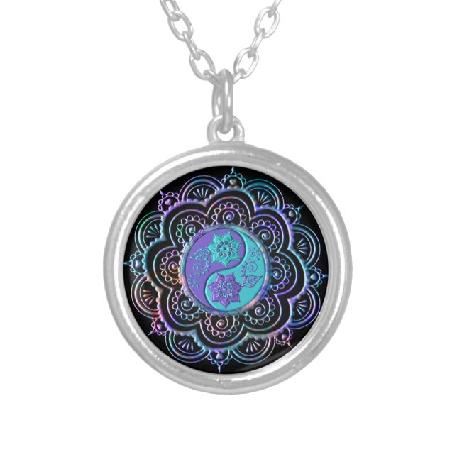 Blue & Purple Mandala Silver Plated Necklace (Front)