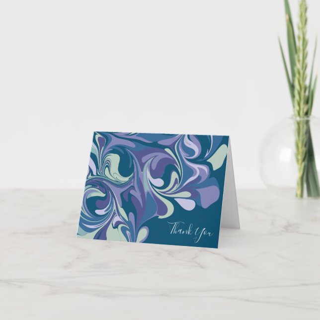 Blue Purple Marble Swirl Pattern Modern Folded Thank You Card (Front)