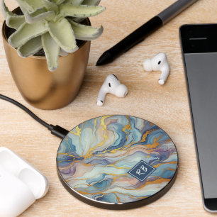 Blue Purple Mauve Pink Gold Marble Art Pattern Wireless Charger