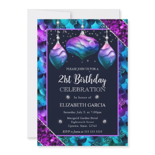 Blue &amp; Purple Mermaid Ornaments 21st Birthday Invitation