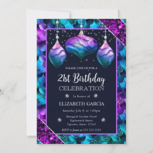 Blue & Purple Mermaid Ornaments 21st Birthday Invitation