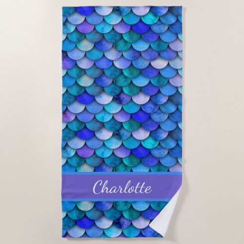 Blue purple mermaid scale pattern monogram name beach towel