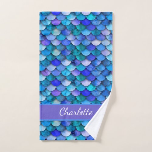 Blue purple mermaid scale pattern monogram name hand towel 