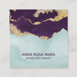*~* Blue Purple Mint Gold Glitter Agate Geode Square Business Card
