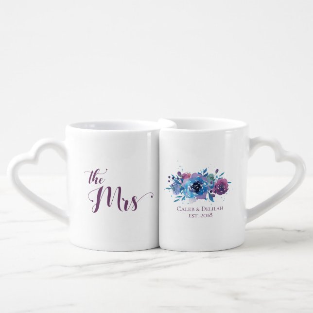 Blue Purple Moody Twilight Floral Happy Couple Coffee Mug Set (Front Nesting)