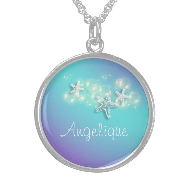 Blue purple name beach starfish sterling silver necklace (Front)