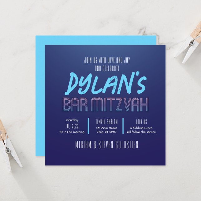 Blue & Purple Neon Bat Bar Mitzvah Party Invitation (Front/Back In Situ)