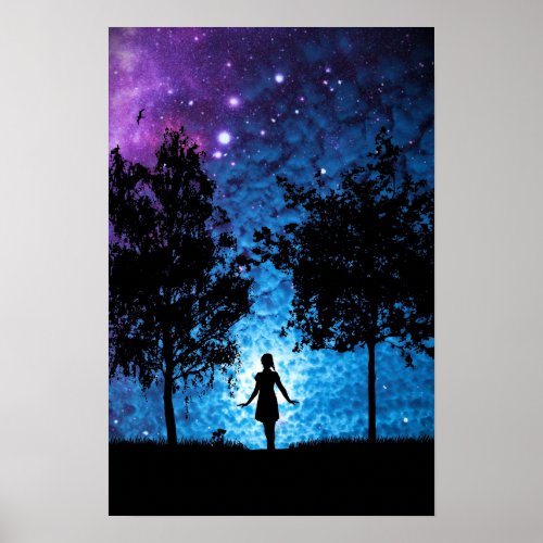Blue Purple Night Trees Woman Magic Happens  Poster